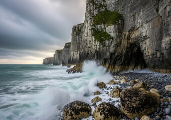 Powerful ocean waves crashing on a rocky beach beside towering cliffs under a dramatic stormy sky.