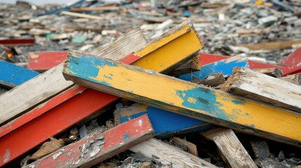 A pile of salvaged timber pieces some still bearing chipped paint in red yellow and blue colors creating a textured background of discarded materials