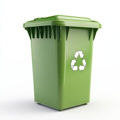 A 3D visualization of a sturdy green recycle bin, displayed in front of a pure white environment. Soft reflections give a professional product-display feel while keeping the scene minimal.