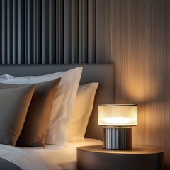 A contemporary table lamp with a metallic base positioned on a nightstand next to a bed. The soft light casts delicate gradients across the wall, giving the room a serene nighttime ambiance. 