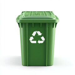 A detailed green recycling bin with realistic texture and neatly shaped form on a flat white backdrop. 