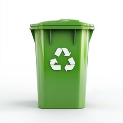 A glossy green recycle trash bin centered on a bright white backdrop, perfectly lit with soft reflections. 
