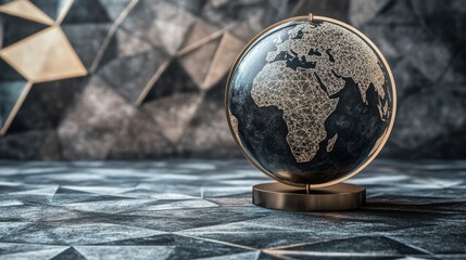 A polished brass and dark obsidian globe with interconnected global network detailing sits on a textured geometric surface