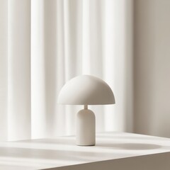 A minimalist table lamp with a rounded shade standing on a smooth white surface, radiating a gentle warm tone. 
