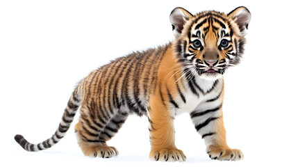 Obraz premium Cute tiger cub standing on white background with striped fur and alert expression in natural pose