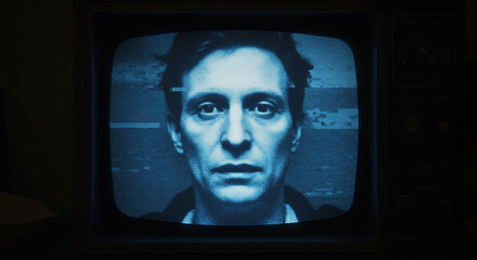 Man's face on static vintage TV screen