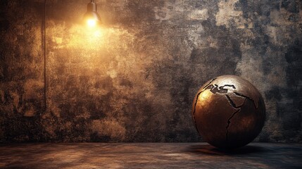 A polished bronze globe sits on a textured floor under dramatic lighting against a dark rustic wall