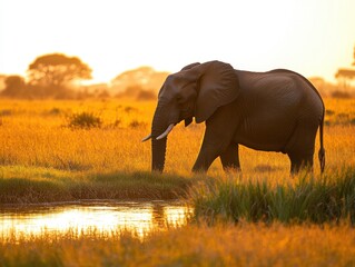 African elephant walking by a small savannah waterhole at dusk. Orange sunlight reflecting on water, soft wind shaping the tall grass. Peaceful, documentary-style wildlife composition.