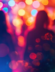creating sparkling effects.Vibrant atmosphere with blurred party silhouettes in the background to emphasize motion