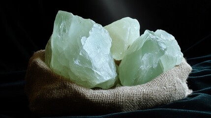 A pile of rough unpolished green gemstones with irregular shapes resting on a burlap fabric surface