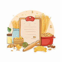 A recipe illustration featuring various food items around a clipboard with a rolling pin and ingredients on a clean background