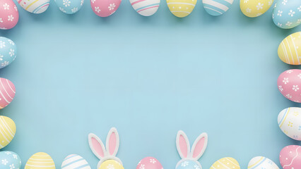 Pastel easter eggs and bunny ears create a festive frame on a light blue background