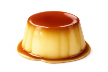 Caramel custard pudding with sweet sauce glazing, a traditional flan dessert on transparent background, ideal for menus