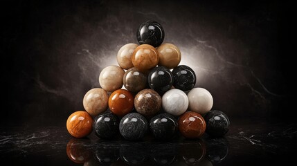 A pyramid stack of smooth polished marble spheres in varying sizes and colors arranged on a dark reflective surface