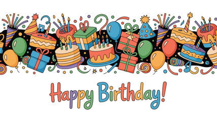 Fototapeta premium A vibrant Happy Birthday banner features cakes, gifts, balloons, and party hats on a black background
