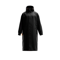 Long dark coat, hooded, minimalist style