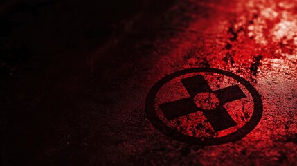 A red biohazard symbol embossed on a dark textured industrial surface representing danger and toxic warning