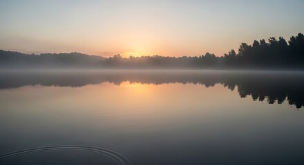 Obraz premium Serene Sunrise Over Misty Lake with Forest Reflection.