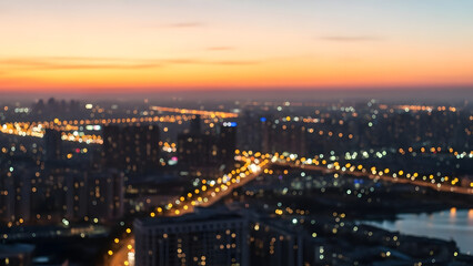 Fototapeta premium Abstract Cityscape Bokeh at Sunset Urban Night Lights and Blurred Skyline Background