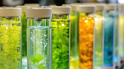 A scientific display of several clear glass cylinders containing green and yellow liquids with aquatic plants and bubbles demonstrating water filtration units