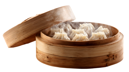 Steamed dumplings in a bamboo steamer basket with lid opening revealing delicious asian food with dim sum and cuisine and cooking and meal and tasty