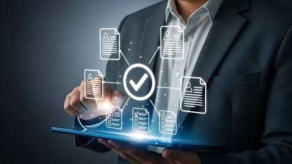 Businessman interacting with digital interfaces showing document verification and approval processes on a futuristic glowing tablet screen
