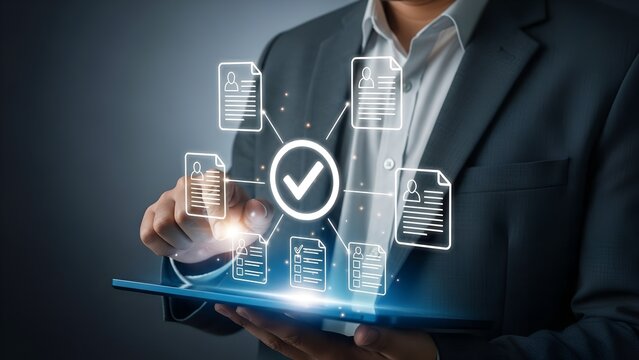 Businessman interacting with digital interfaces showing document verification and approval processes on a futuristic glowing tablet screen - Powered by Adobe