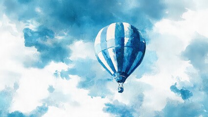 Fototapeta premium Serene Illustration of a Blue Hot Air Balloon in a Cloudy Sky
