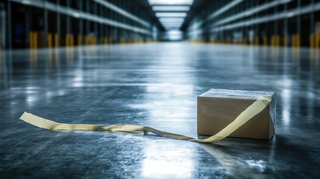A single damaged package with torn tape and ripped cardboard rests on the polished concrete floor of a vast, empty warehouse aisle