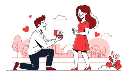 A joyful man kneels to propose marriage to his surprised girlfriend, presenting an engagement ring box in a romantic outdoor setting.