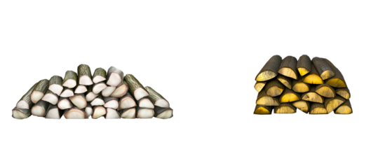 Two distinct piles of cut firewood, one lightcolored and one golden, ready for winter warming, campfires, or rustic outdoor cabin decoration applications