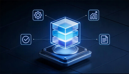 Artificial intelligence data architecture concept with a glowing 3D layered cube connected to digital icons for process automation analytics verification and document management