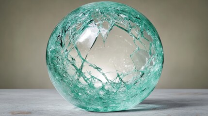 A shattered glass sphere with intricate cracked patterns rests on a flat surface displaying its delicate translucent form