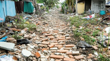 Naklejka premium A rough and uneven path made of scattered dislodged bricks and debris stretches through an outdoor environment with overgrown vegetation
