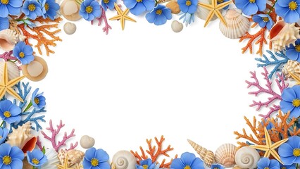 Vibrant beach border with seashells, starfish, and coral on white