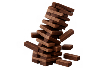 Wooden blocks collapsing, representing a domino effect, business risk, crisis, or losing balance. Transparent background