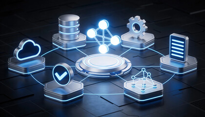 3D digital illustration of artificial intelligence network connectivity featuring glowing nodes linked to cloud storage database management data analytics and verified security icons