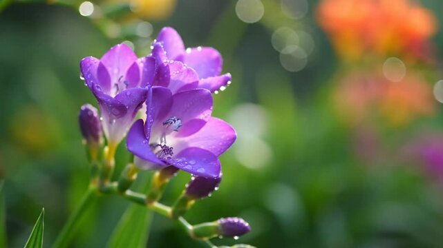 Morning dew glistens on vibrant purple freesia flowers in a sunlit garden with blurred colorful background
