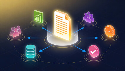 Digital document management concept with glowing paper icon connected to human resources data analytics verified security and time management symbols in a 3D isometric interface