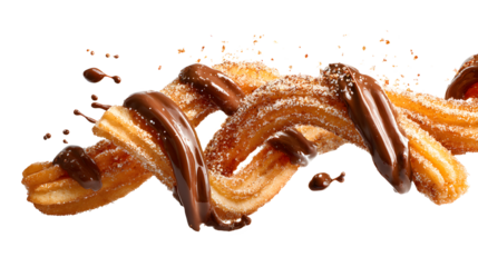 Delicious mexican churros spinning in air with rich chocolate sauce and sugar, ridged fried dough pastry with dessert and sweet and food and tasty