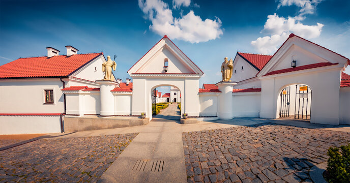 Exciting morning view of Wigry Areopagus of the New Evangelization Monastery. Spectacular summser cityscape of Wigry, small village in district of Gmina Suwałki, Podlaskie Voivodeship, Poland, Europe.
