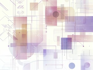 Obraz premium Abstract geometric composition with overlapping squares, lines, and soft color gradients on a light background