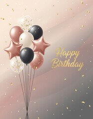 Happy Birthday card with luxury balloons bouquet in rose gold black and white, star shaped balloons and golden confetti on soft pastel background with copy space