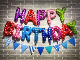 Happy Birthday balloon letters on brick wall with blue party bunting flags, colorful foil typography decoration for celebration background