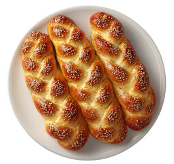 Braided challah breads, sesame seeds, on white plate
