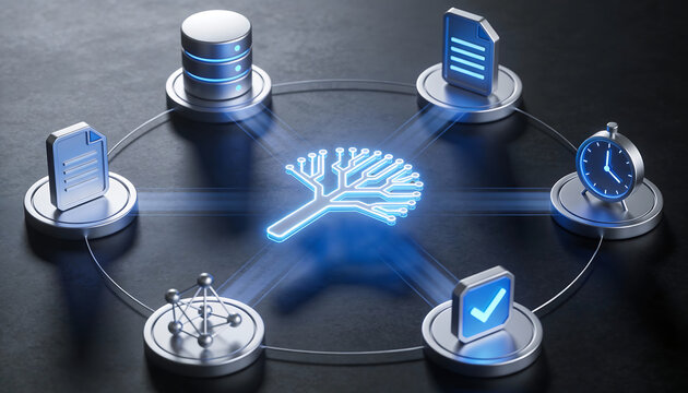 3D digital illustration of an artificial intelligence circuit tree connected to cloud database storage server verified security protection time management and document data icons - Powered by Adobe