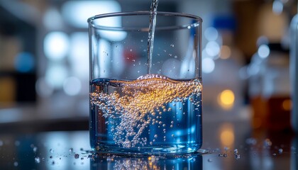 Fluid precipitate formation in laboratory glassware showing chemical reaction and liquid phase separation for scientific research.