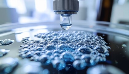 Close up fluid precipitate reaction with bubbles illustrating chemical precipitation and liquid interaction in science experiment.