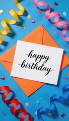 happy birthday greeting card with calligraphy text on white paper and orange envelope, colorful confetti and streamers background, festive celebration flat lay