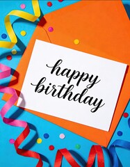 happy birthday greeting card with calligraphy text on white paper and orange envelope, colorful confetti and streamers background, festive celebration flat lay